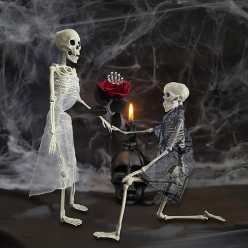 Halloween Deko Skelett mit Ganzkörper Bewegliche,Skelette Bräutigam Braut 40,5cm mit Geisterhandrose,Skeleton Hängende Geister für Halloween Tischdeko Spukhaus Friedhofs Horro Party Dekoration