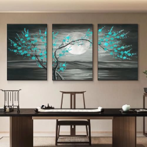 Impression sur toile style chinois de qualité supérieure motif lune et prunier 3 panneaux