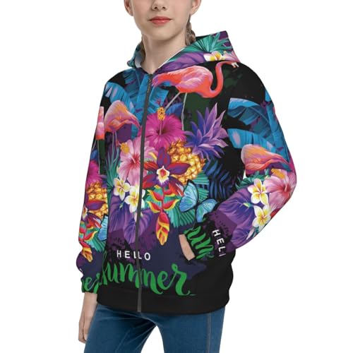 Tropical Summer with Flamingos Kid Hoodies Boys Zip Up Sweatshirts Girls Pullover with Pocket