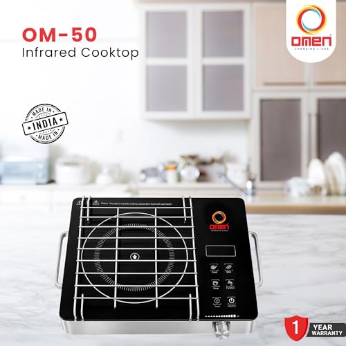 Image of Omen Changing Lives 2000W Infrared Cooktop With Stainless Steel Grill Rack | Crystal Glass | Touch Control | Digital Display | 3 Preset Menus | Adjustable Temperature Knob | 1 Year Warranty (Silver)