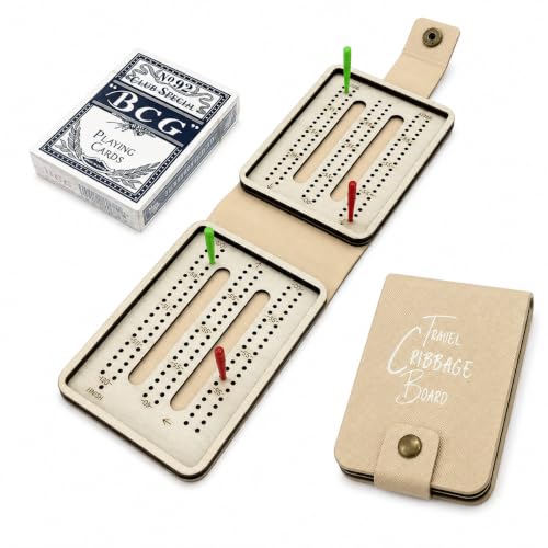 Foldable Cribbage Board Game Set, Portable Travel Classic Leather Cribbage Board with Cards and Pegs (White)