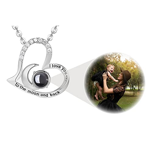 ''I Love You to the Moon and Back'' Heart Pendant Necklace 925 Sterling Silver Personalized Photo Projection Necklace, I Love You Necklace 100 Languages, Moon Necklaces for Women, Mothers Day Jewelry