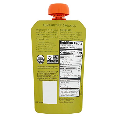 Pumpkin Tree Peter Rabbit Organics, Banana, Mango, and Kale, 4 Squeeze Pouch, Mango, Broccoli & Kale, 4.4 Oz each (Pack of 10) - Thumbnail 2