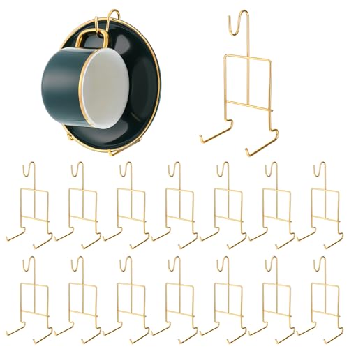 BOHUIZ 16 Pcs Gold Tea Cup and Saucer Display Stand Holder Rack Metal China Teacup Display Easel Coffee Mug Organizer for Plate Teapot Tables Home Decoration