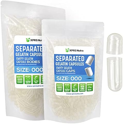 XPRS Nutra Separated Capsules Size 000-1000 Count Large Empty Gelatin Capsules Separated in Bags - Premium Clear Empty Capsules - Empty 000 Capsules - Pill Capsules Empty for DIY Supplement Filling Cover