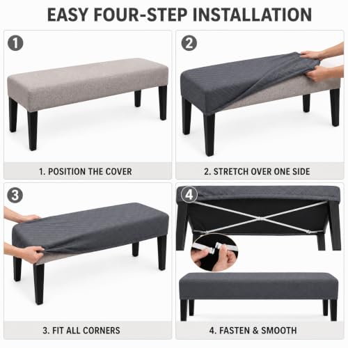 Image of Street27 High Stretch Jacquard Dining Bench Cover Elastic Chair Covers - Anti-Dust Removable Bench Slipcover Washable Bench Seat Protector Cushion Cover for Living Room, Bedroom, Kitchen - Dark Grey