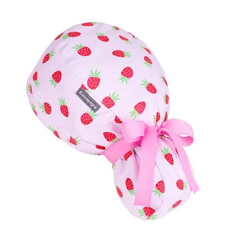 Satin Lined Scrub Cap Women with Ponytail Hole & Buttons,Adjustable Surgical Nurse Hat with Cotton Sweatband for Long Hair (Pink Strawberry)