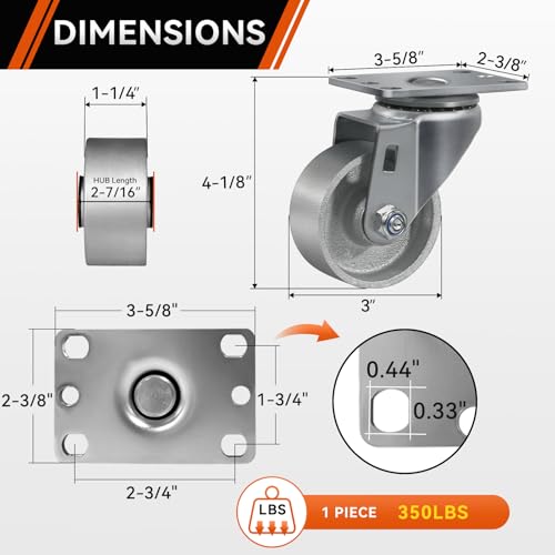 HANDSAMMU'S 3" Industrial Casters, Cast Iron Steel Casters Set of 4, Set of 4 Heavy Duty Casters with 1400 lb Capacity, Caster Wheels for Furniture Workbench Cart(2 Swivel &2 Rigid) by Handsammu - Image 2