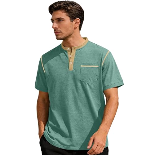 Pullover de Playa para Hombre Men's Henley Shirts Casual Short Sleeve Button Down Work Polo Shirt Fashion Contrast Ahtletic Gym Tee Top with Pocket Green,S