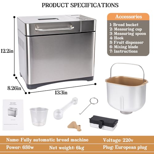 WEIMILOR Máquina de Pan de Acero Inoxidable, panificadora 17 en 1 de 2 Libras con dispensador de Frutos Secos, sartén de cerámica Antiadherente y Panel táctil Digital, 3 tamaños de Pan - imagen 4