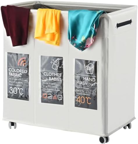 Haundry Laundry Basket with Wheels, Collapsible Laundry Baskets, Laundry Hamper with Handles Detachable Wheels, Rolling Laundry Basket, Dirty Clothes Hamper for Bathroom, Dorm, Bedroom, White, 140L