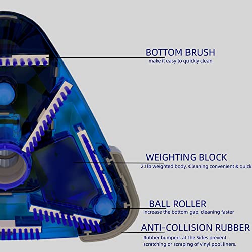 Poolwhale See-Thru Weighted Transparent Triangular Pool Rotative Vacuum Head With Brush & Ez Clip Handle - 3 Ball Wheels For Cleaning Surface Safe On Vinyl Lined Pools #TOP1