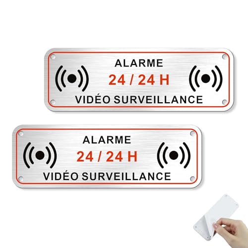 Hivia Lot de 2 Panneaux Alarme Vidéo Surveillance 15x5cm – Plaque Métal – Autocollant Alarme Maison Résistant aux Intempéries – Fixation Adhésive ou Vissée – Imperméable, Anti-UV