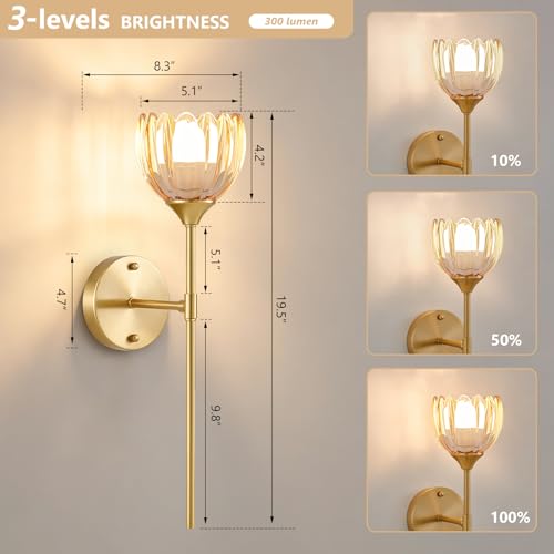 Image of Vintage Battery Operated Wall Sconce Set of 2, Amber Tulip Glass Lampshade Wireless 5300 mAh Rechargeable Battery Powered LED Wall Light with Remote Dimmable for Bedroom Bathroom Living Room