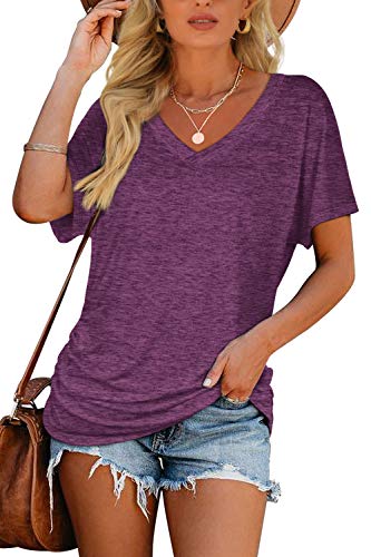 Image of WIHOLL Womens Summer T-Shirts Short Sleeve V Neck Dolman Tops with Side Shirring Loose Fit Shirts Spring Fashion