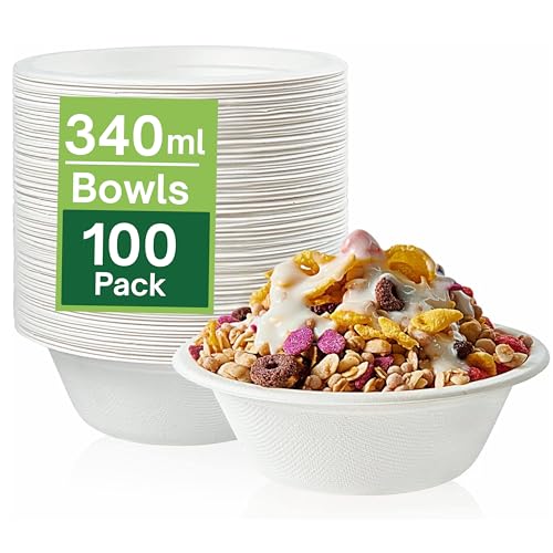 Paquete de 100 cuencos de papel fuertes, 340 ml, desechables, compostables, para fiestas, biodegradables, ecológicos, aptos para microondas, para postre, ensalada de leche, cereales, perfectos para