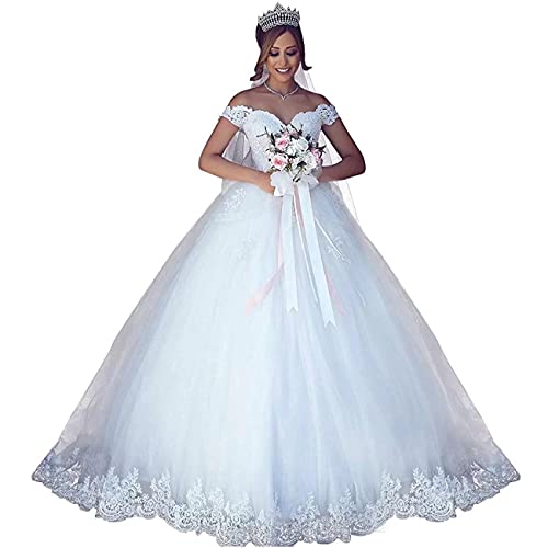 Yuxin Simple Lace Wedding Dresses with Train Off Shoulder Sweetheart A Line Ball Gown Bridal Dress for Bride 2022 White US16