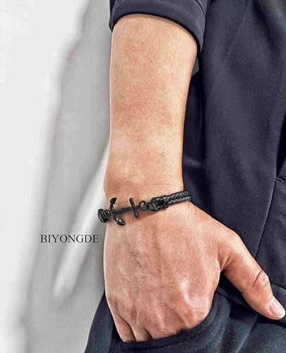 Pulsera Nautical Anchor de Cuero Trenzado Negro para Hombre miniatura 2