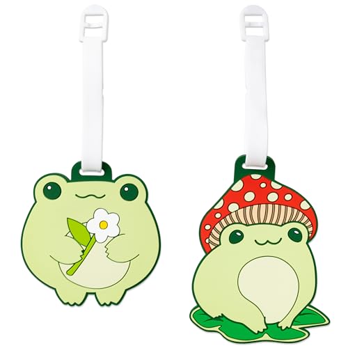 BkeeCten Frog Silicone Luggage Tags - 2pcs Kawaii Frog Mushroom Cute Animal Rubber ID Tags for Luggage Baggage Suitcase Bags Decor Funny Identifiers Travel Tags Gift for Kids