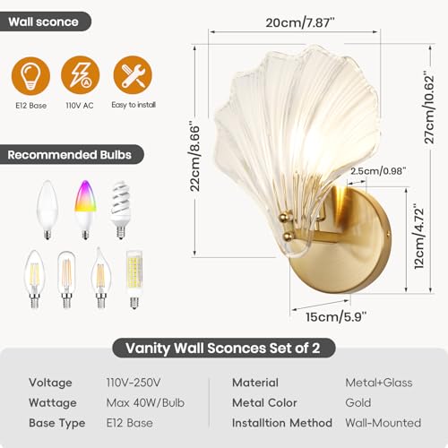 Image of Gold Wall Sconces for Bathroom, Vanity Light Fixtures, Modern Sconces Wall Lights with Clear Shell Shaped Glass Shades, Bathroom Light Fixtures for Living Room, Bedroom, Hallway, mirror, Kitchen, E12