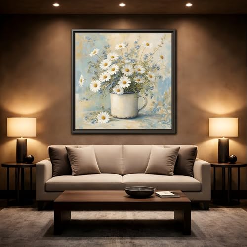 Impression sur toile marguerites blanches 30x30 cm cadre blanc pour salon