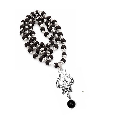 Image of Karungali Malai 8mm Certified with Divine Om Shiv Trishul Pendant Silver Plated Original | 54 Beads Authentic Black Ebony Wood Mala with German Silver Cap for Men & Women | Spiritual Protection Necklace, Lord Shiva & Murugan Blessings - 1 Piece