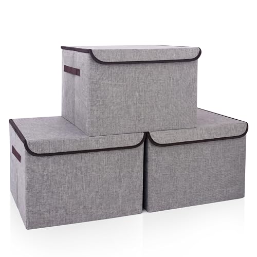 Bagnizer Large 17' 42 Quarts Collapsible Stackable Storage Bins with Lids [3-Pack] Foldable Fabric...