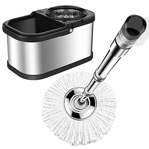 Vadrouille plancher Seau en acier inoxydable Vadrouille rotation en microfibre Tête vadrouille rotative double entraînement 360 avec recharge 9 têtes vadrouille Levier vadrouille en acier inoxydable