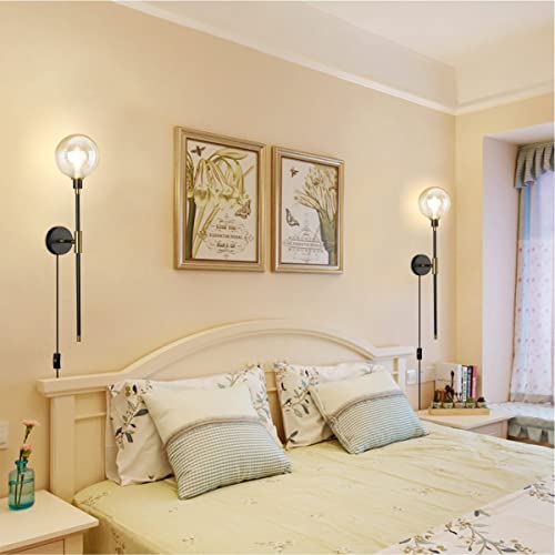 Image of KCO 1-Light Plug in Wall Sconces On /Off Switch Cord Black Modern Wall Mounted Light Fixture with Long Arm Glass Globe Shade Wall Lamp for Bedroom Living Room Kitchen Hallway (Amber & 2-Pack)