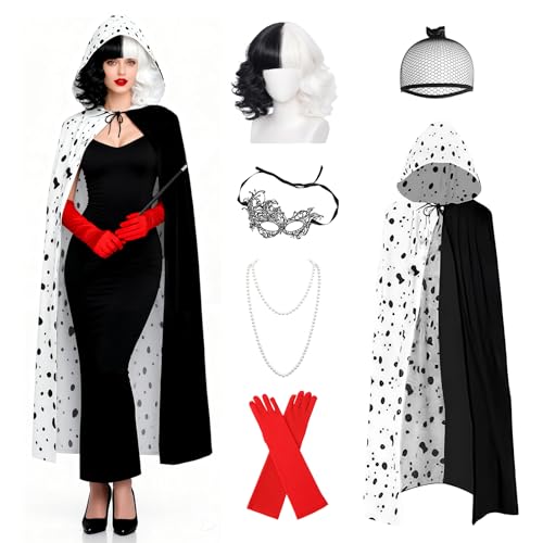 Carreuty 7 Stück Devil Kostüm Damen, Karneval Kostüm Damen mit Umhang Perücke Handschuhen Halskette Maske für Erwachsener Fasching Kostüm...