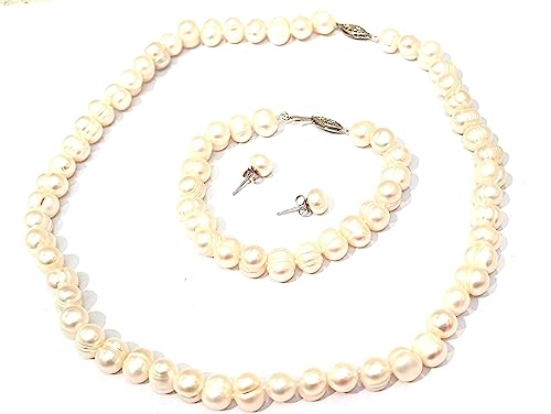 Juego de joyas de perlas naturales de plata con collar, aretes y pulsera