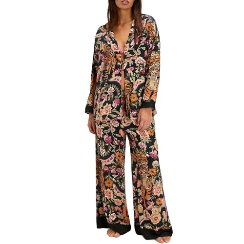 Fenghualzzniya Women Satin Pajama Set Floral Silk Pajamas 2 Piece Lounge Sets Button Down Shirts Wide Leg Pants Pjs Sleepwear, Floral Black, Medium