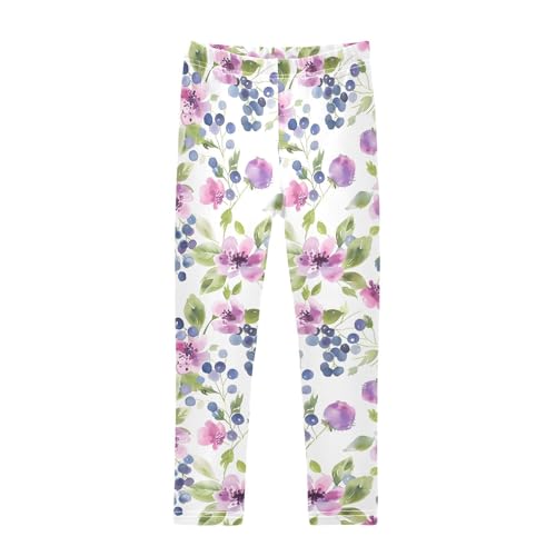 Watercolor Floral Blueberry Girls Leggings Ultra Soft Compression Yoga Gym Pants for Kids 4-10T