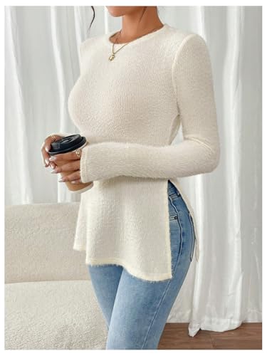 MakeMeChic Women's Fuzzy Sweater Crew Neck Long Sleeve Split Fitted Pullover Tops4