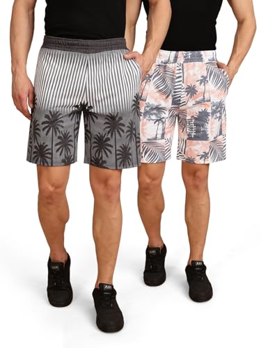 Image of BULLMER Regular Fit Cotton Blend Summer Shorts for Men - Pack of 2 | Printed Shorts for Men Blue /Beige