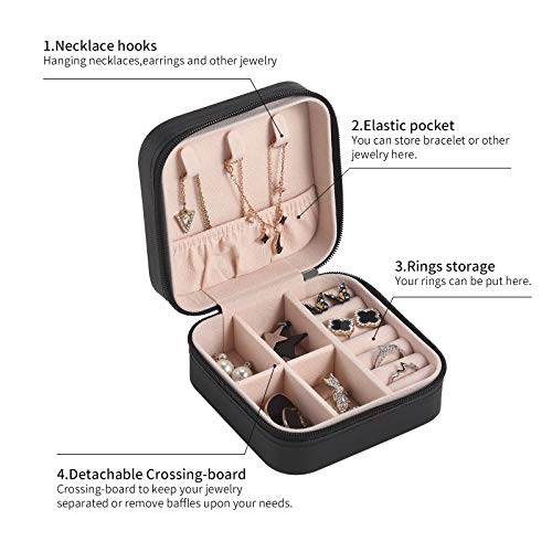 Image of CASEGRACE Travel Jewelry Case, Small Jewelry Box Portable Jewelry Travel Organizer Display Storage Case for Rings Earring Necklace Bracelet, Gift for Women Girls, Black