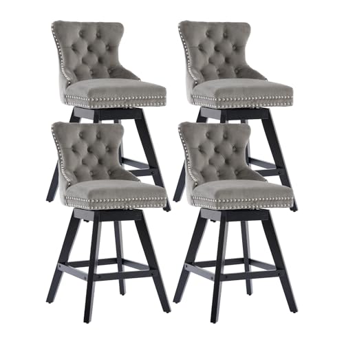 Modern Swivel Bar Stools Set of 4, Upholstered Velvet Counter Height Bar Stool with Back, Solid Wood Legs, 26 Inch Seat Height, Kitchen Counter Stools for Kitchen Island, Grey