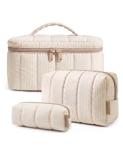 Image of BAGSMART Travel Makeup Bag Set, 3 Pc Puffy Cosmetic Pouch, Khaki Strip