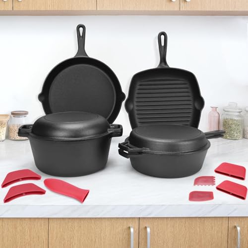 GFTIME Lot de 5 ustensiles de cuisine en fonte avec Dutch Oven 5 QT, cocotte 3,2 QT avec couvercle de poêle, poêle à griller 28 cm, poêle à frire 30,5 cm,...