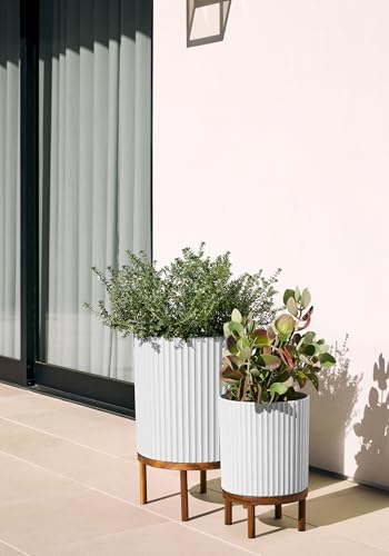 Image of Veradek Demi Series Raised Duo Planters - Set of 2 Planters with Stands | Made From a Durable Plastic-Stone Composite & Comes With Wooden Stand. Modern Porch /Patio Decor