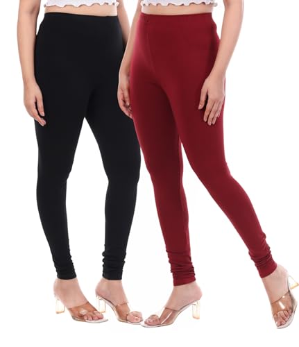 Image of TPF Women Solid Cotton Lycra 4 Way Stretchable Leggings | Combo Pack of 2 Comfortable Churidar-Length Slim Fit Leggings for Women & Girls
