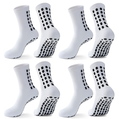 ZXOLDZX Men's Soccer Socks 4 Pairs Non-Slip Grip White