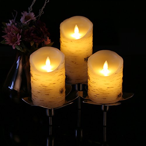 Flameless Candles with brich Effect 4" 5" 6" Set of 3 Dripless Real Wax Pillars Include Realistic Dancing LED Flames and 10-Key Remote Control with 24-Hour Timer Function -AntizerTM