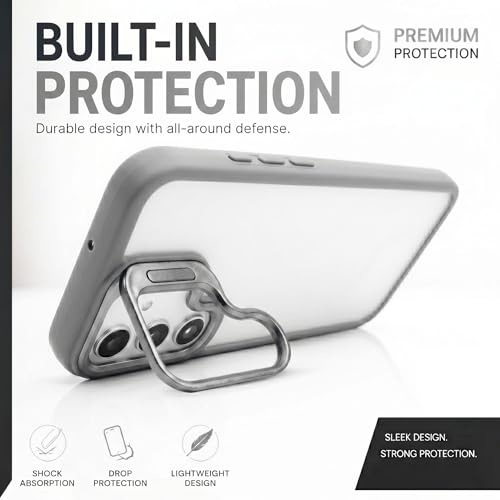 Image of amazon basics Frosted Matte Case for Samsung Galaxy S24 5G | Built-in Flip-Out Camera Lens Stand | Translucent Back with Contrast Gray Bumper | Shockproof Protective Cover with Foldable Kickstand