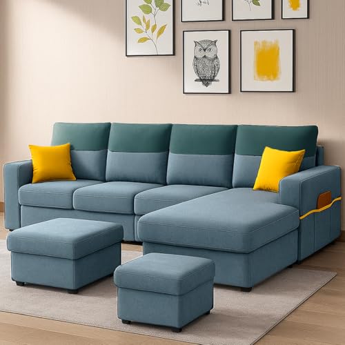 Image of Furny Tokiaa 8 Seater Fabric RHS L Shape Sofa Set with 1 Centre Table & 2 Puffy (Sky Blue) | Soft Velvet Fabric | Modern Design | Comfortable Seating | Living Room Furniture
