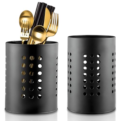 Ksvaye 2 Pièces Pot Ustensiles Cuisine Noir Porte Ustensiles Cuisine en Acier Inoxydable Egouttoir Couvert Verticalen Rangement Pot Ustensile Rond pour...