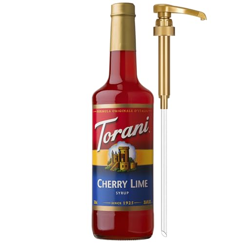 Image of Torani Cherry Lime Syrup for Drinks, Flavoring for Iced Tea, Lemonade, Sodas, and Cocktails, Glass Bottle with Pump Included, 25.4 Fl Oz
