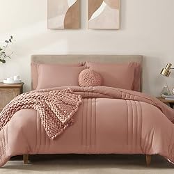 Queen Comforter Set-7 Pieces Clay Pink Soft Bed in a Bag Queen Bedding Sets | Monbix All-Season Vertical Quilted Comforter with Sheets, Pillow Shams & Pillowcases