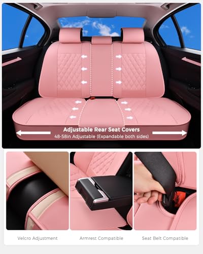 Image of Huidasource Pink Seat Covers, Nappa Leather Car Seat Covers, Velcro Adjustable, Compatible with Airbags, Child Seat, Seat Belts, Fit for Most Cars, Vans, Trucks, SUVs (Full Set /Pink)