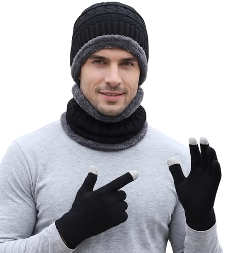 Image of Winter Knit Beanie, Hat, Neck Warmer Scarf and Woolen Gloves Set - Skull Cap for Men & Women (3 Piece)